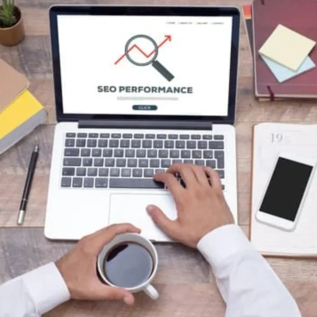 SEO performance analysis showing search growth and reporting dashboard on laptop