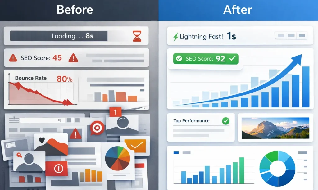 Before and after website optimization showing improved speed and SEO performance
